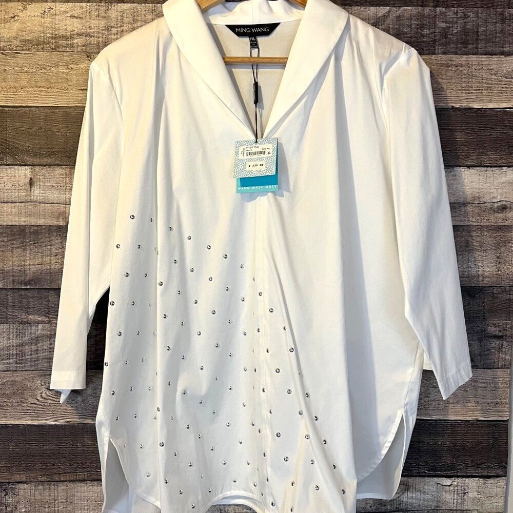NWT Ming Wang Studded Cotton-Blend Shawl-Collar White Top PXL Minimalist